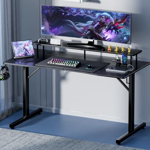 55 Inch Gaming Desk with LED Lights and Monitor Stand P9092