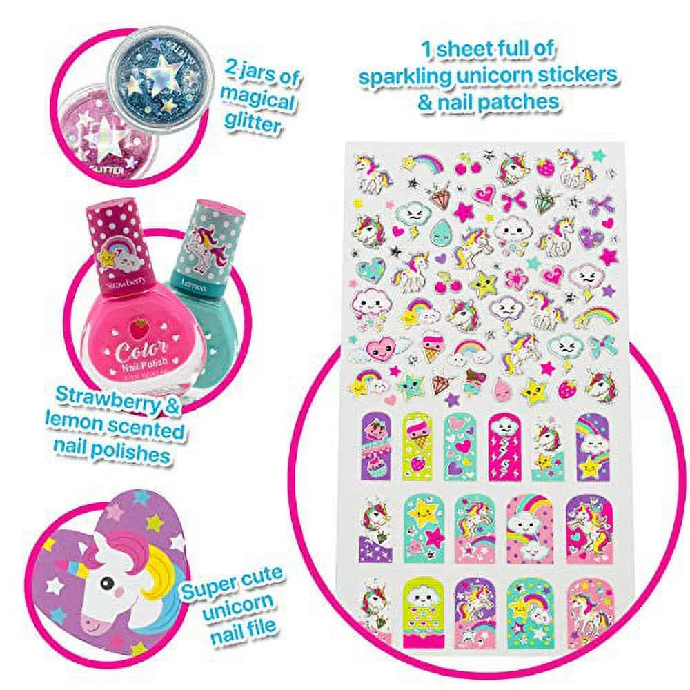 80PCS Scented Nail Polish, Pink and Blue Glitter, Unicorn Nail Stickers, Nail File, Non-Toxic Nail Art Kit I47979