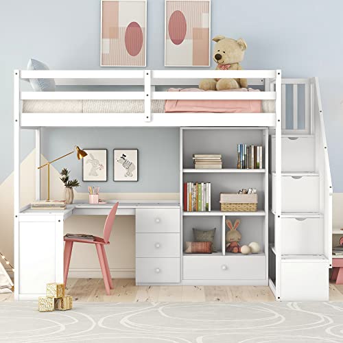 Twin Size Wood Loft Bed with Storage Stairs P64175