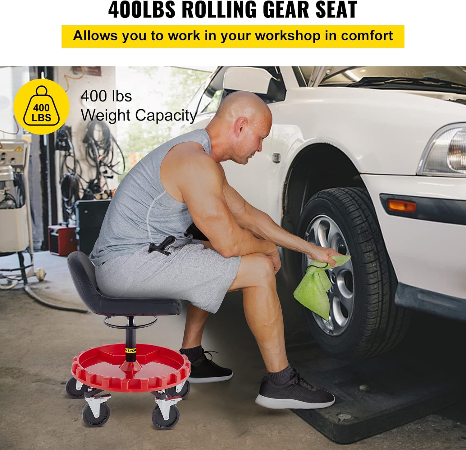 400 LBS Adjustable Height Rolling Garage Stool with Round Tray R9114