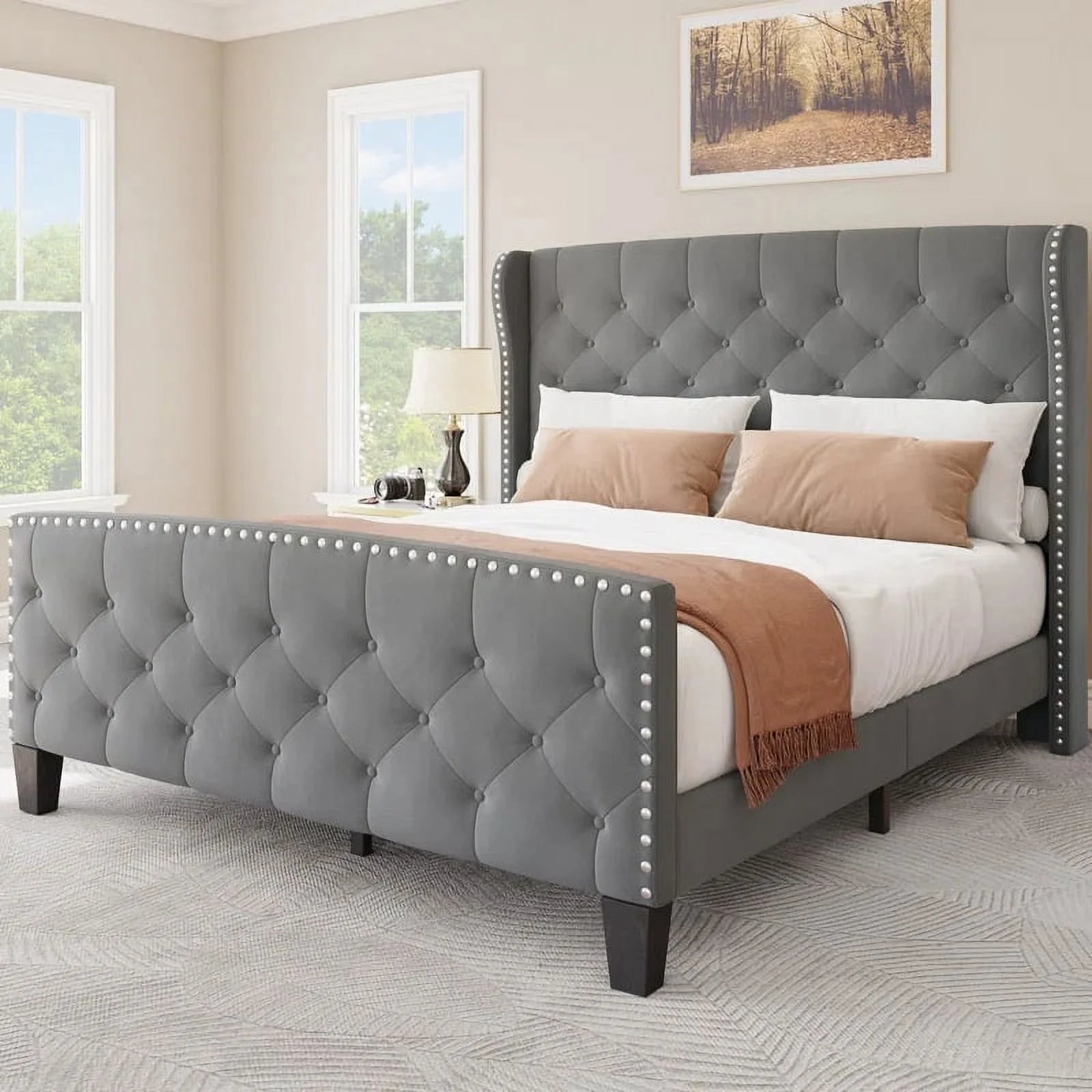 Grey Velvet Queen Size Upholstered Bed Frame J511