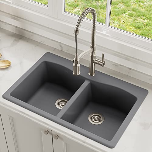 33” Dual Mount Single Bowl Granite Kitchen Sink in Black I558
