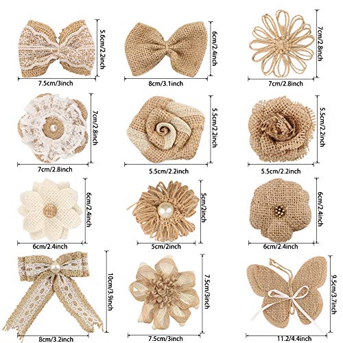24 Burlap Flowers and Bowknots, 5 Lace Burlap Ribbon Rolls, 1 Twine Ribbon and Glue Point Z6490