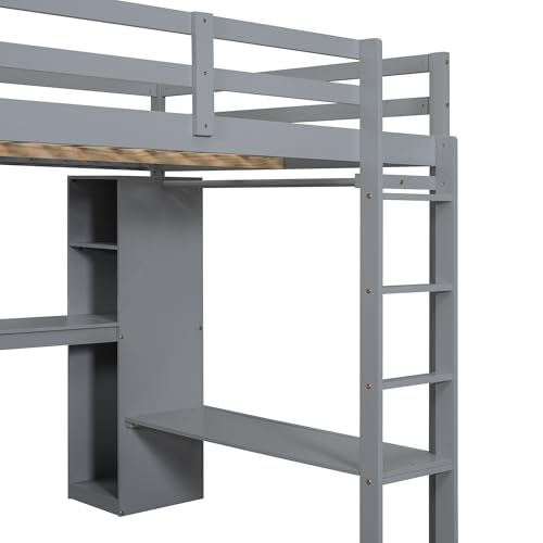 White Full Size Wood Loft Bed with Desk and Wardrobe S15117