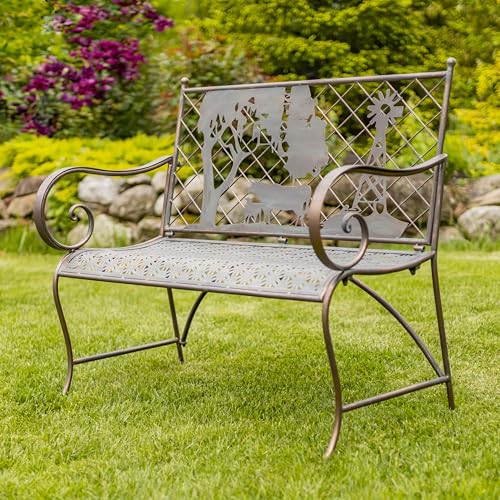 Green Iron Garden Bench with Blooming Tree Backrest O687