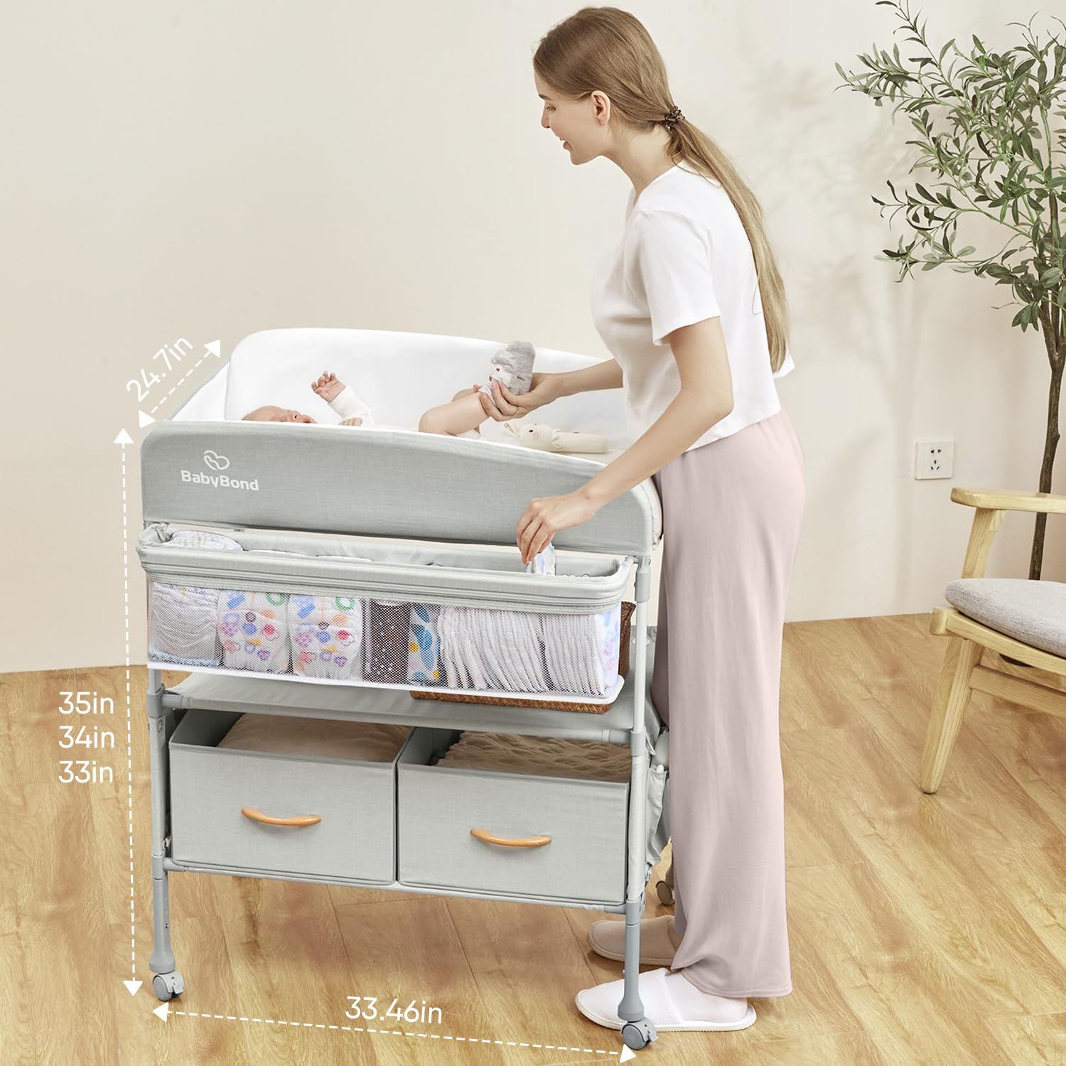 Beige Foldable Baby Changing Table with 2 Storage Baskets D62856